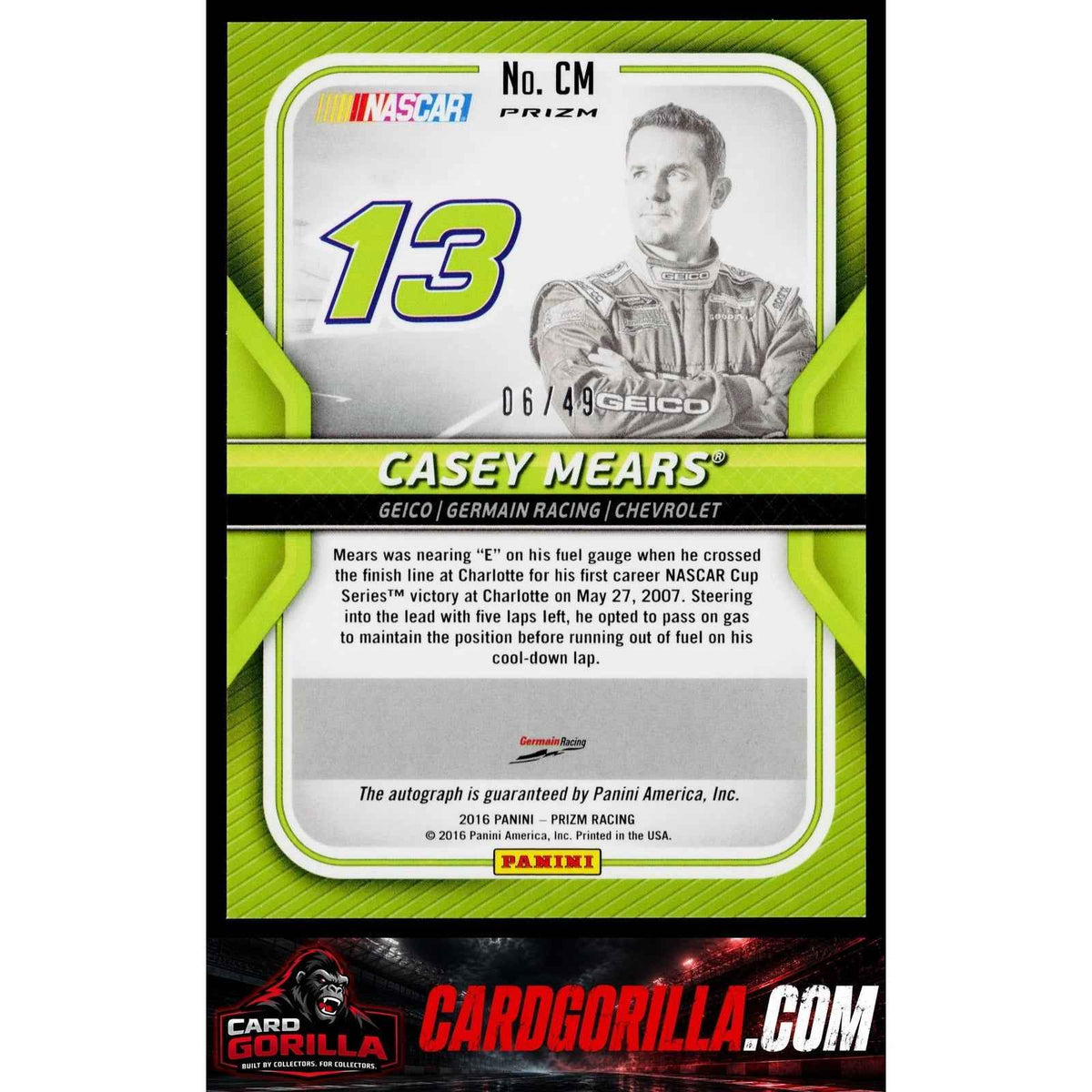 2016 Panini Prizm #CM Casey Mears Driver Signatures Red, White & Blue Prizm #/49