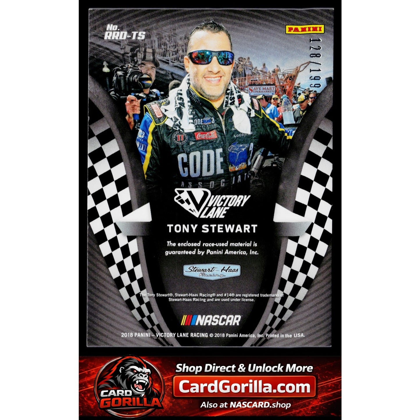 2018 Panini Victory Lane Tony Stewart Race Ready Dual Materials Gold #/199