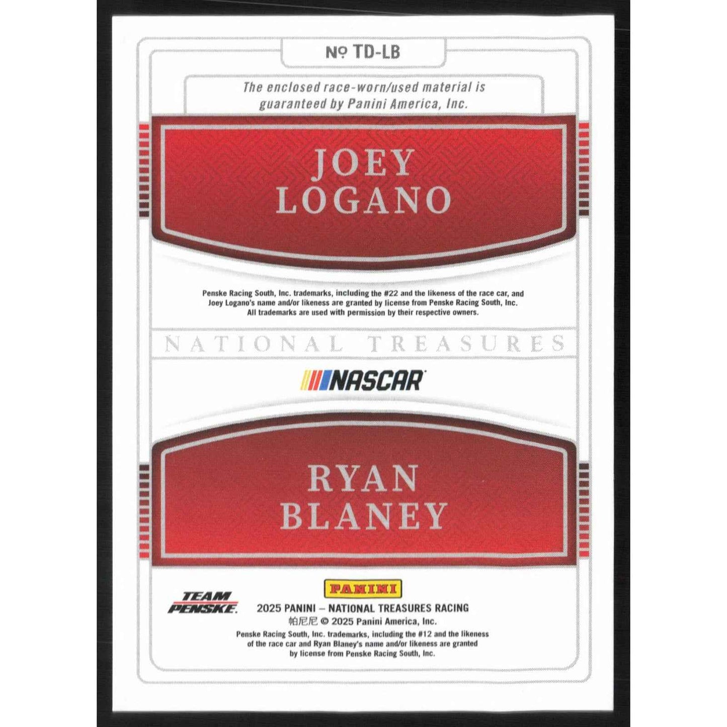 2025 Panini National Treasures #TD-LB Ryan Blaney/Joey Logano Team Duals #/75
