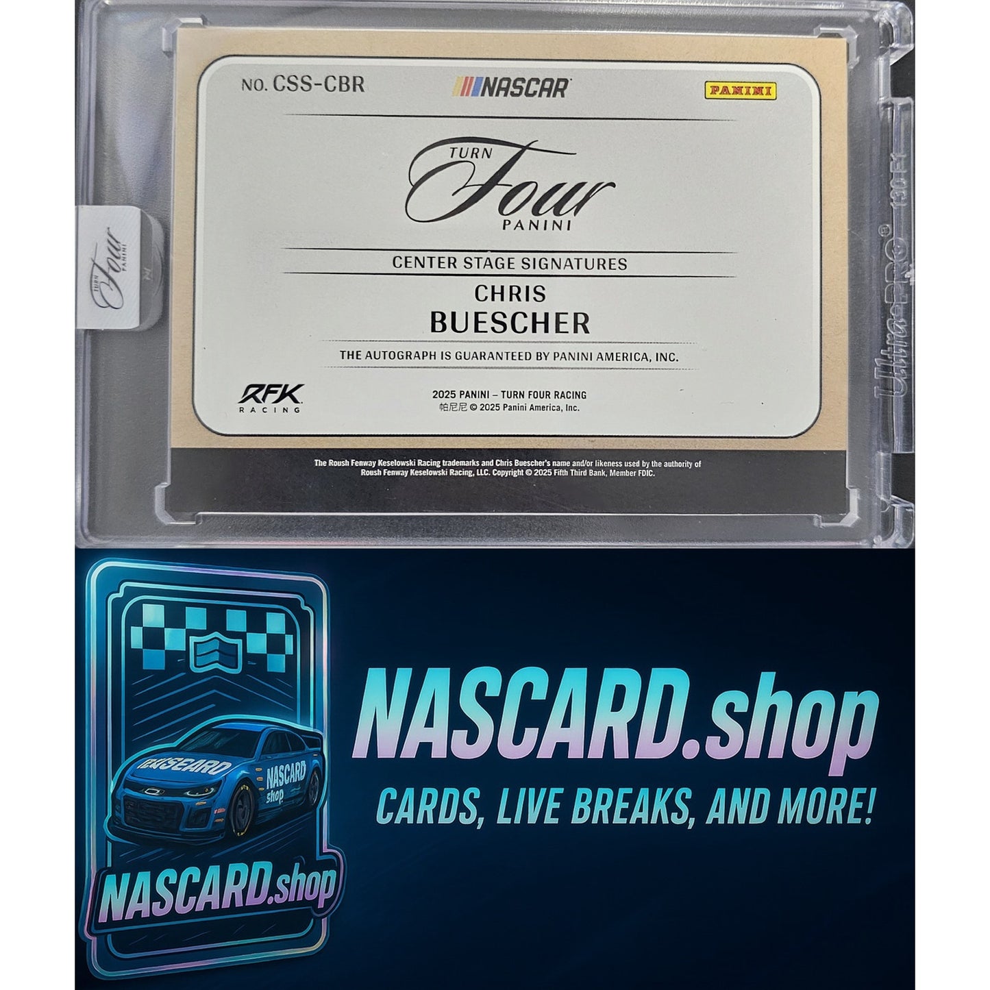 2025 Panini Turn Four #CSS-CBR Chris Buescher Center Stage Signatures Blue #/49