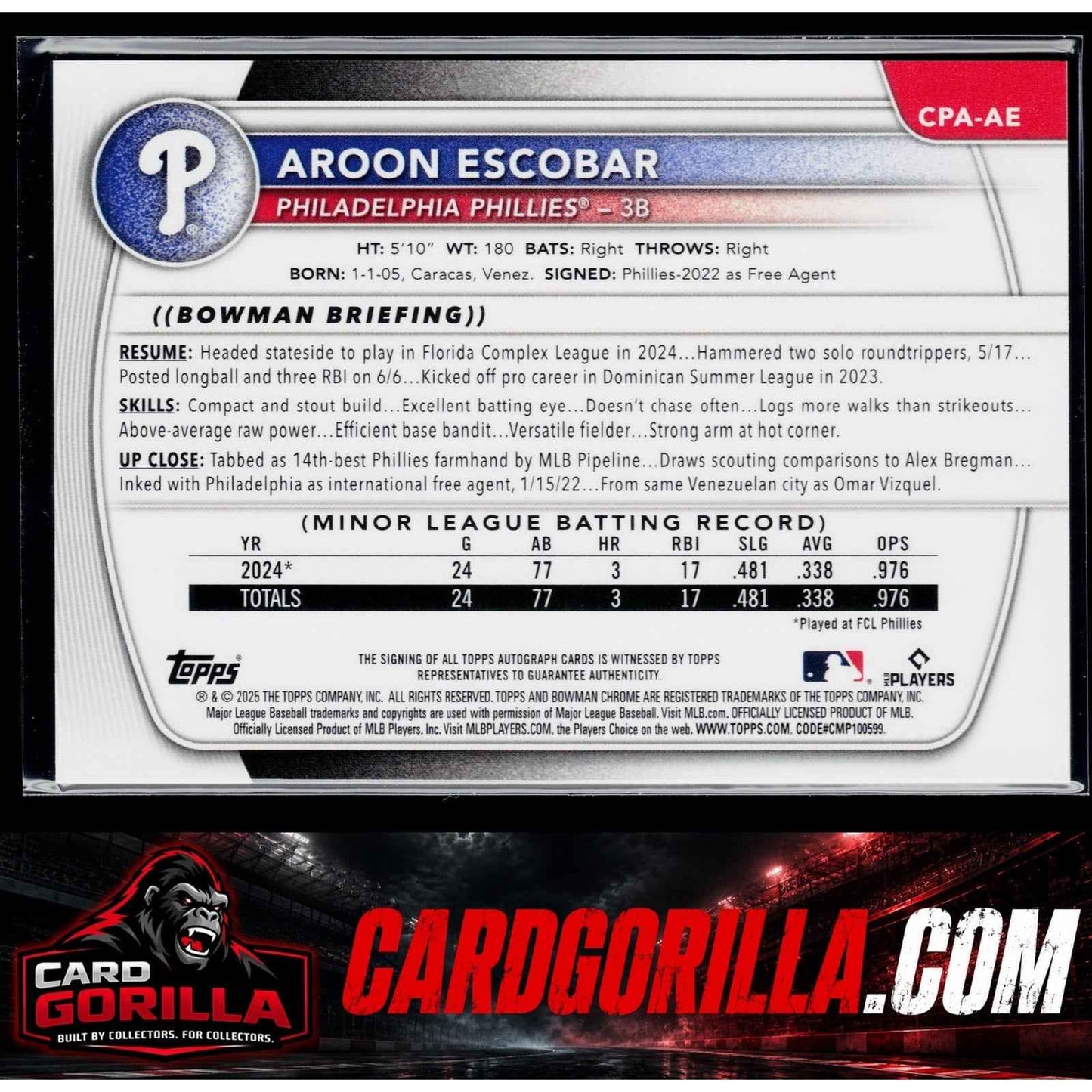 2025 Bowman #CPA-AE Aroon Escobar Chrome Prospect Autographs
