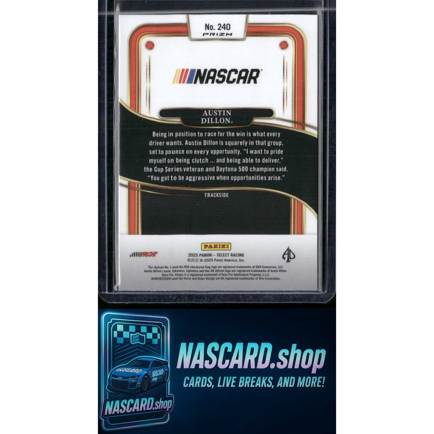 2025 Select Racing #240 Austin Dillon Trackside Silver NASCAR logo Prizm - Card Gorilla