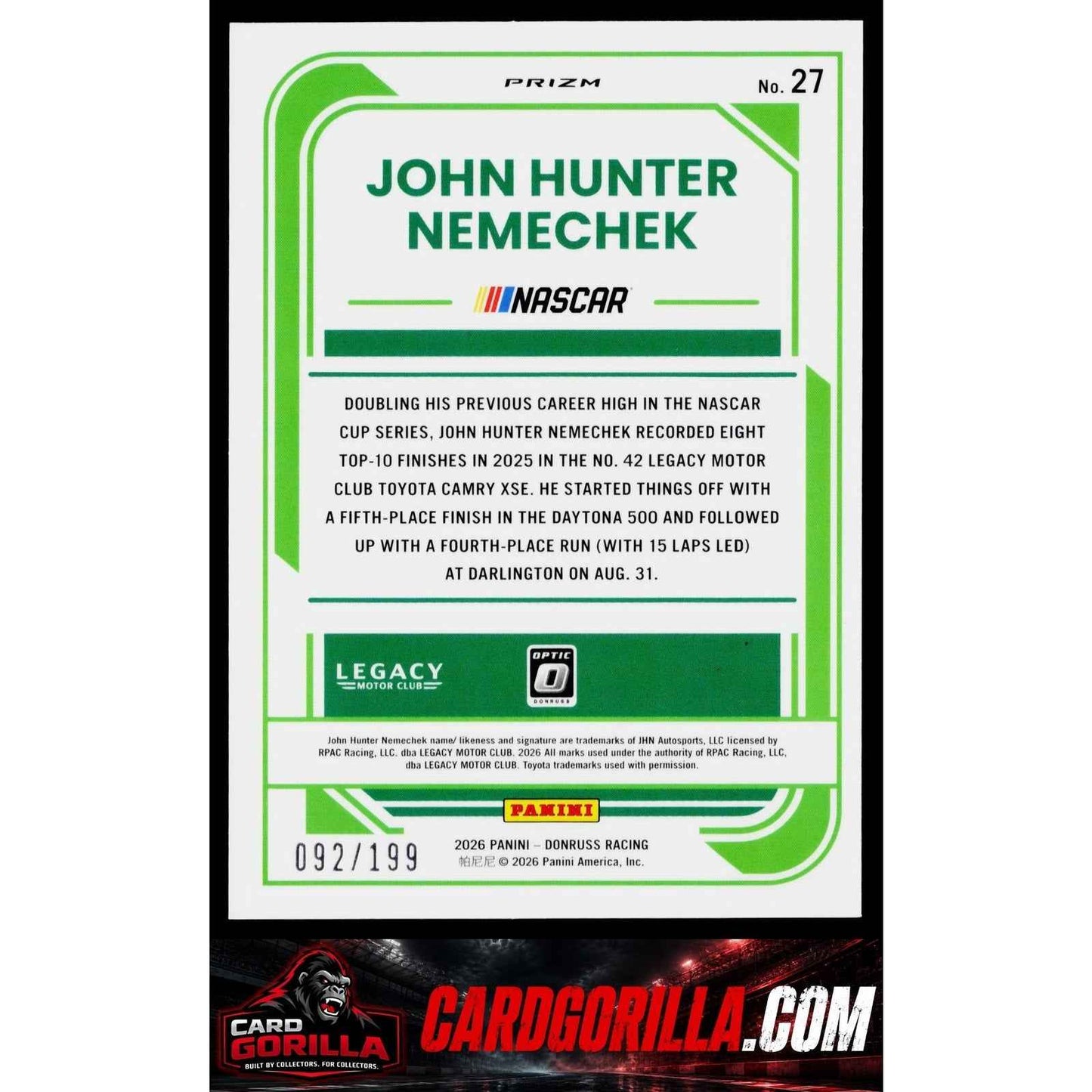 2026 Donruss #27 John Hunter Nemechek Optic Red Velocity #/199