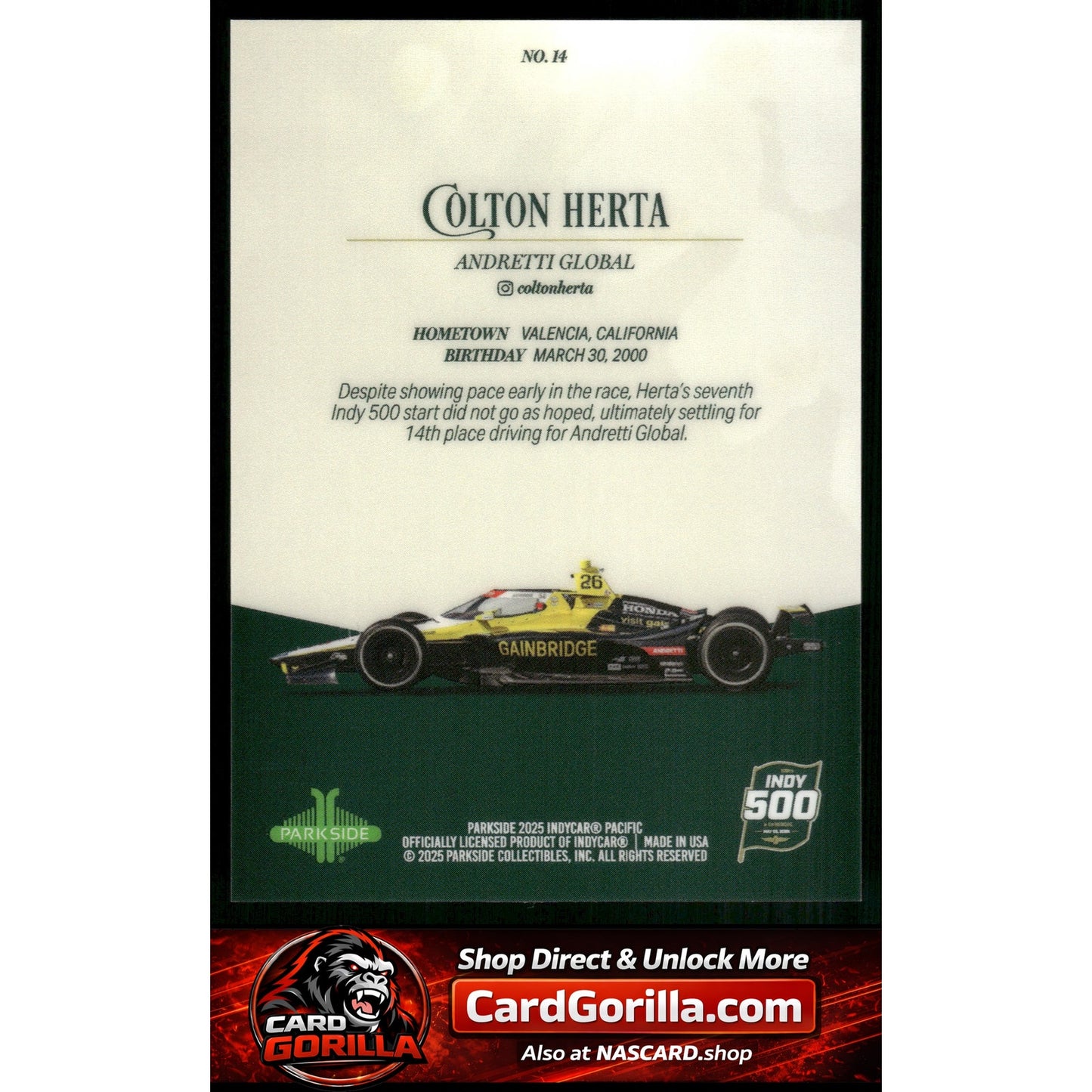 2025 Parkside Indy 500 Pacific #14 Colton Herta Red V2