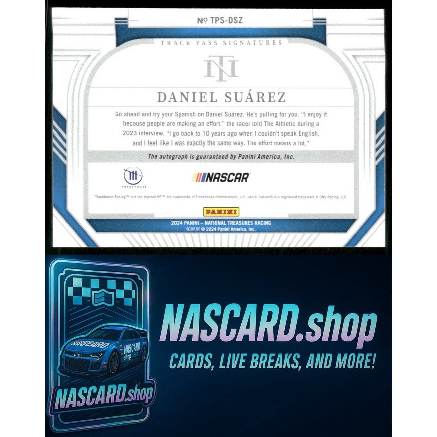 2024 National Treasures Daniel Suarez Track Pass Signatures Holo Silver #01/25