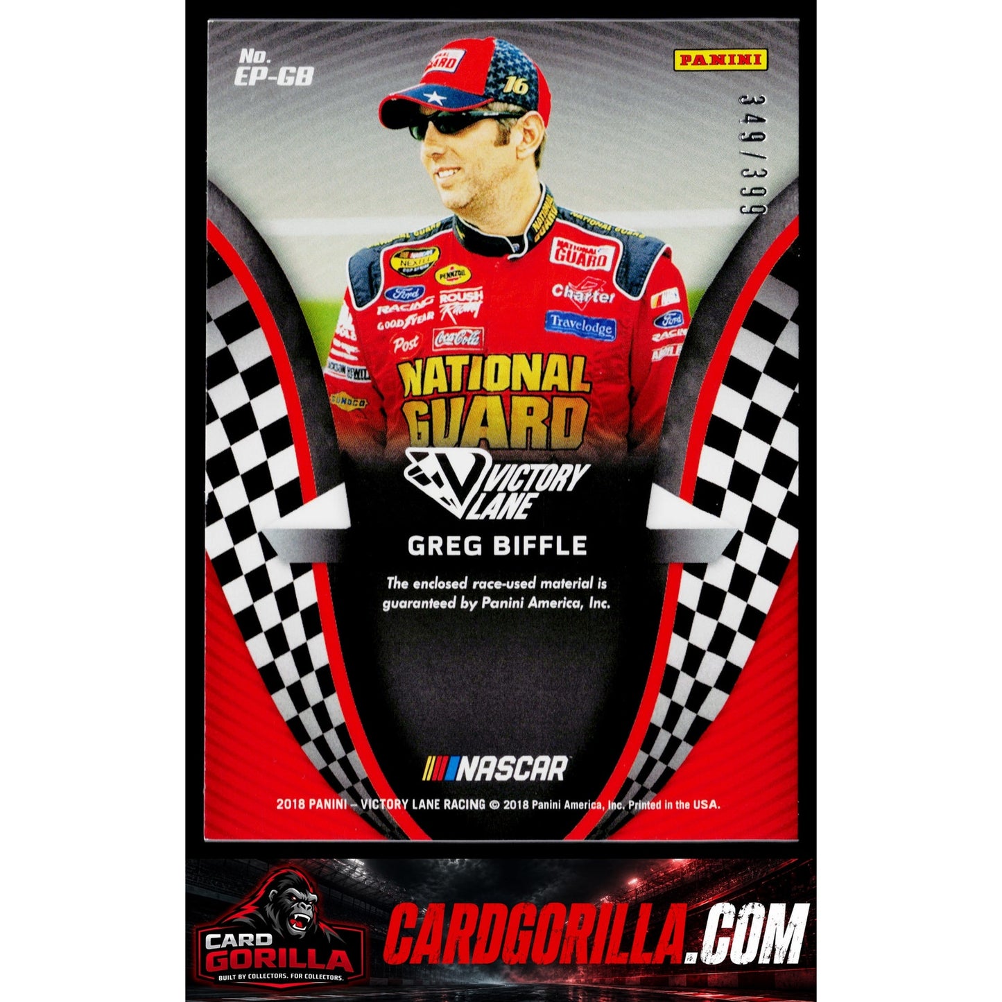 2018 Panini Victory Lane #EP-GB Greg Biffle Engineered to Perfection #/399