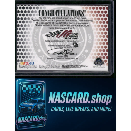 2008 Press Pass Eclipse Kyle Busch Denny Hamlin Tony Stewart Teammates Autographs #/35 - NASCARD.shop