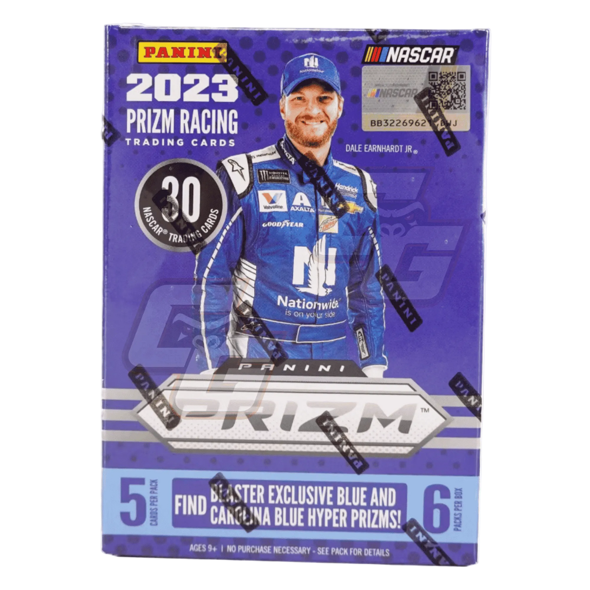Panini 2023 Prizm Racing Trading Cards box featuring Dale Earnhardt Jr., with a purple and blue design and NASCAR branding.