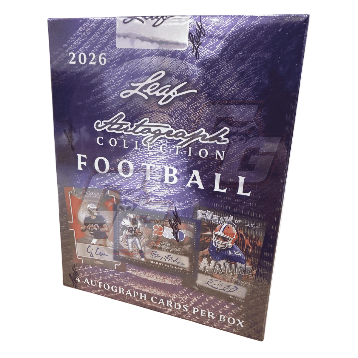 A 2026 Leif Autograph Collection Football trading card box, featuring a textured purple and blue cover with images of football players and autograph card examples, photographed on a light gray background.