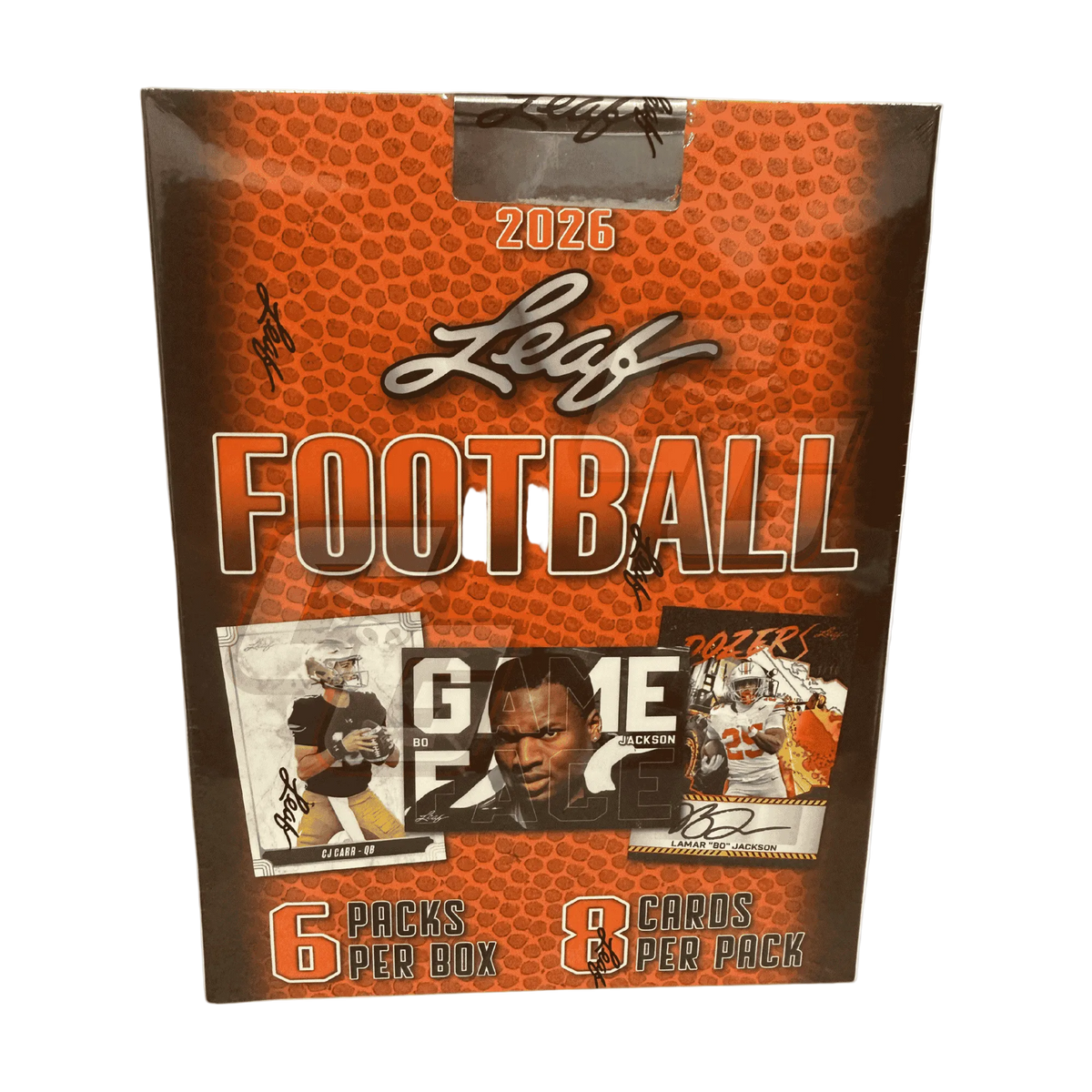 A 2026 Leaf Football trading card box on a plain white background. The packaging features a textured orange football pattern background with 'Leaf Football' in large stylized lettering, '2026' at the top, and sample player cards shown on the front.