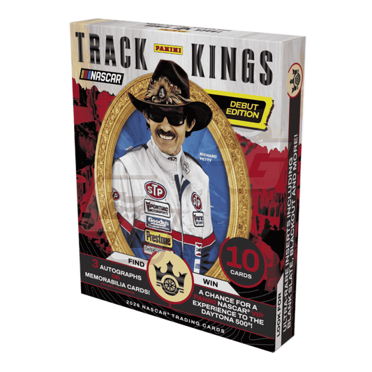 Panini Mini NASCAR Track Kings Debut Edition trading card box featuring NASCAR driver Richard Petty, with promotional text and a gold oval frame illustration on the front.
