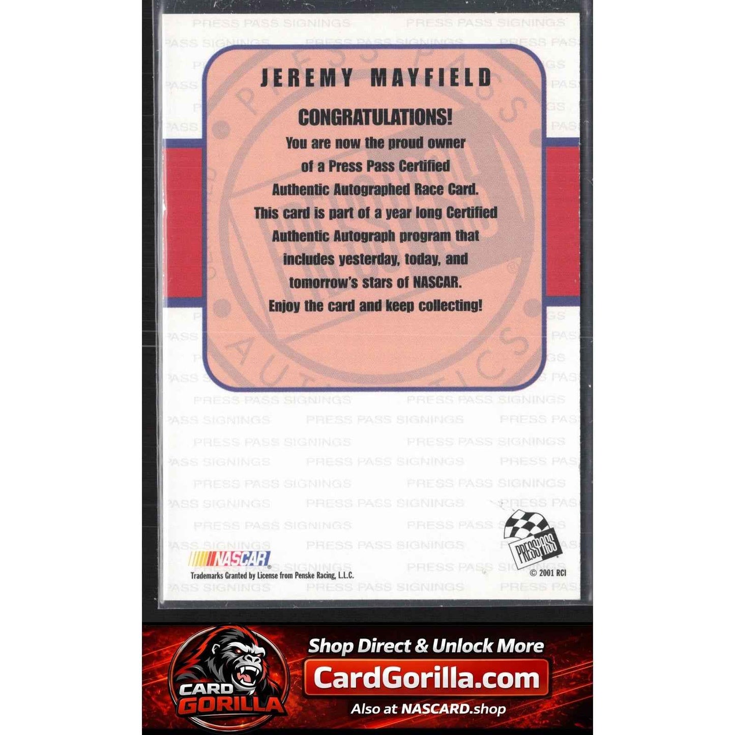 2001 Press Pass #NNO Jeremy Mayfield Signings Gold #/50
