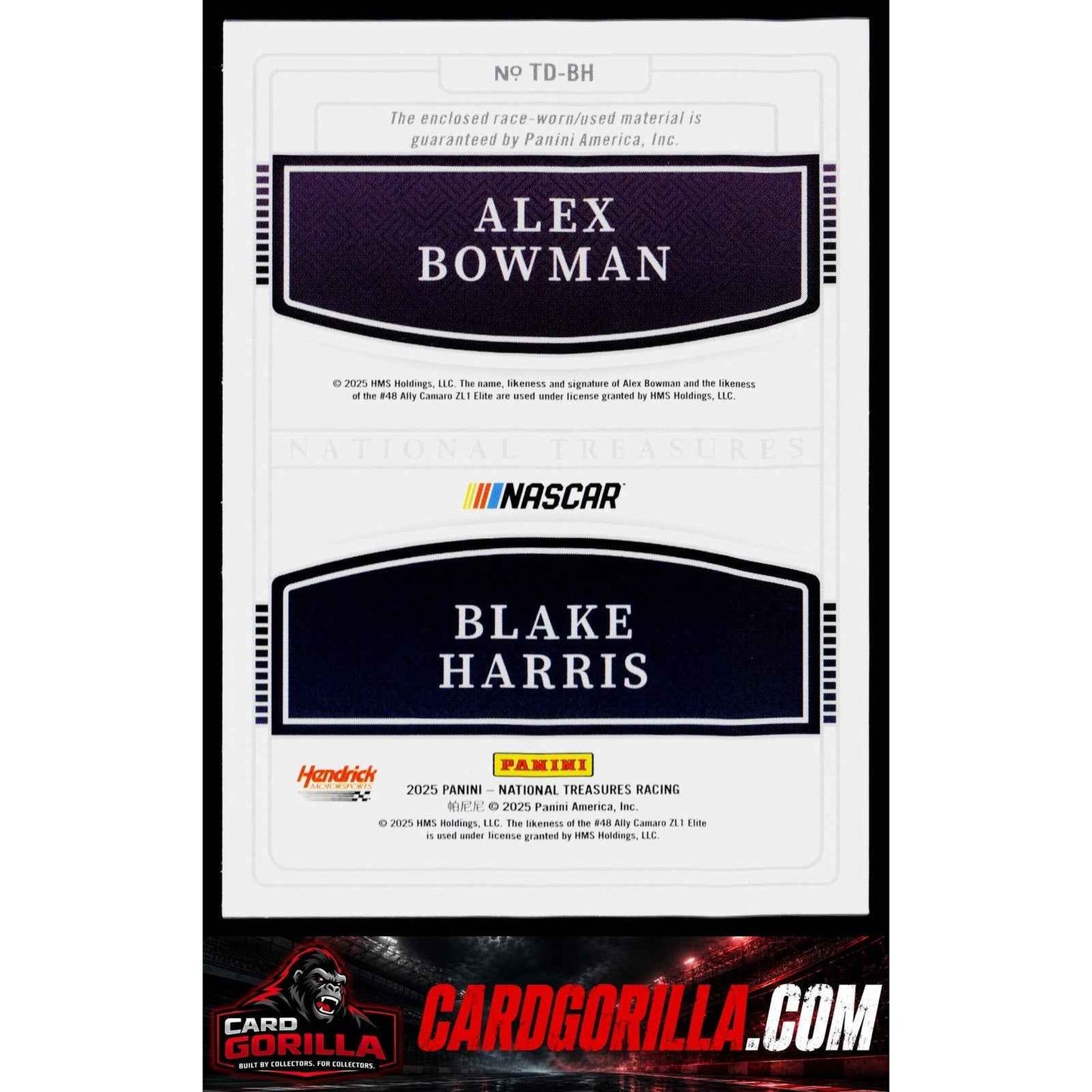2025 Panini National Treasures #TD-BH Alex Bowman/Blake Harris Team Duals #/75