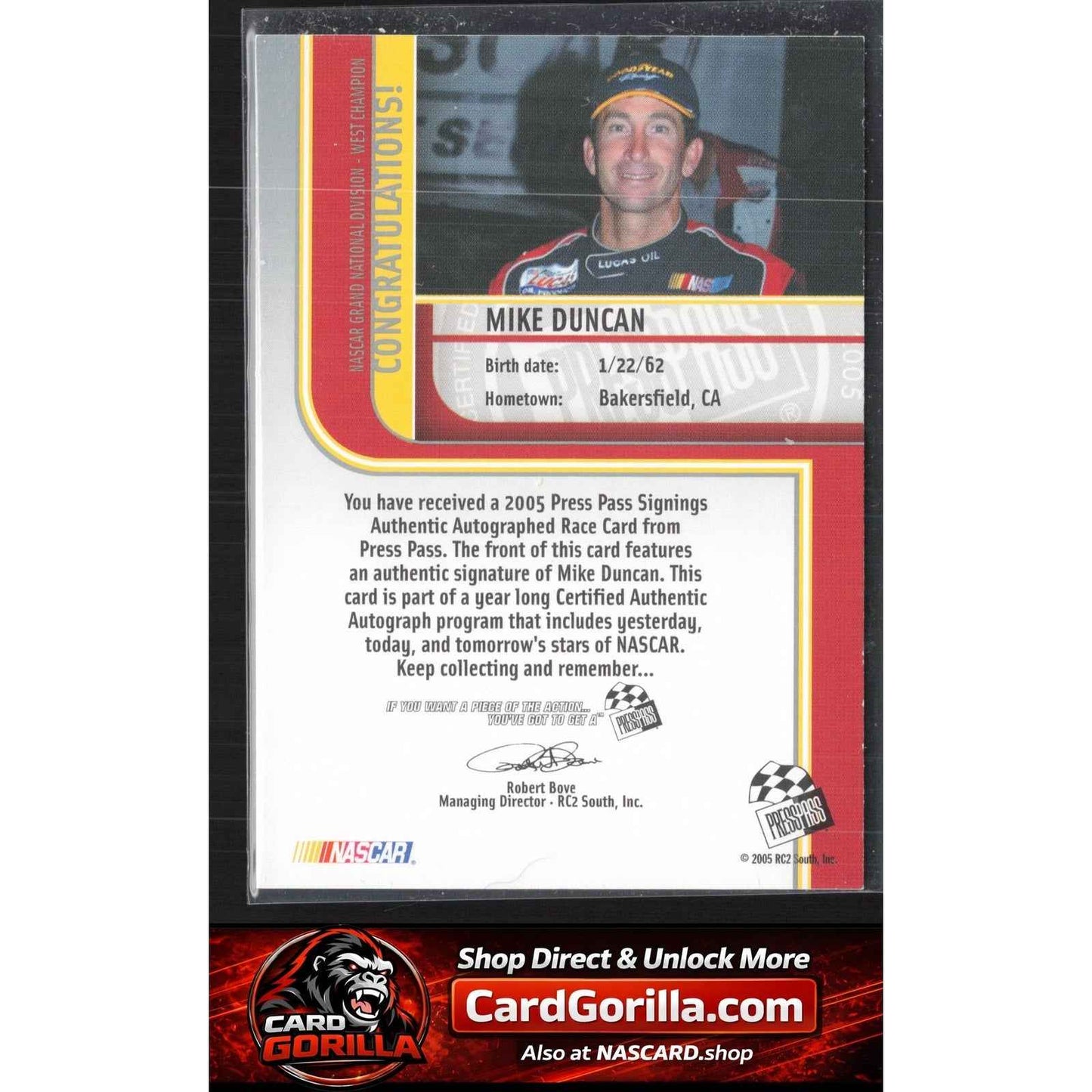 2005 Press Pass #NNO Mike Duncan Signings Platinum #/100