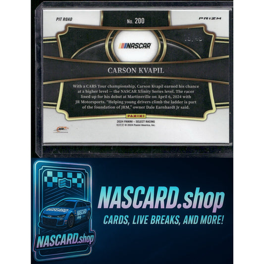 2024 Panini Select #200 Carson Kvapil Black and Blue Prizms #/49 RC - NASCARD.shop