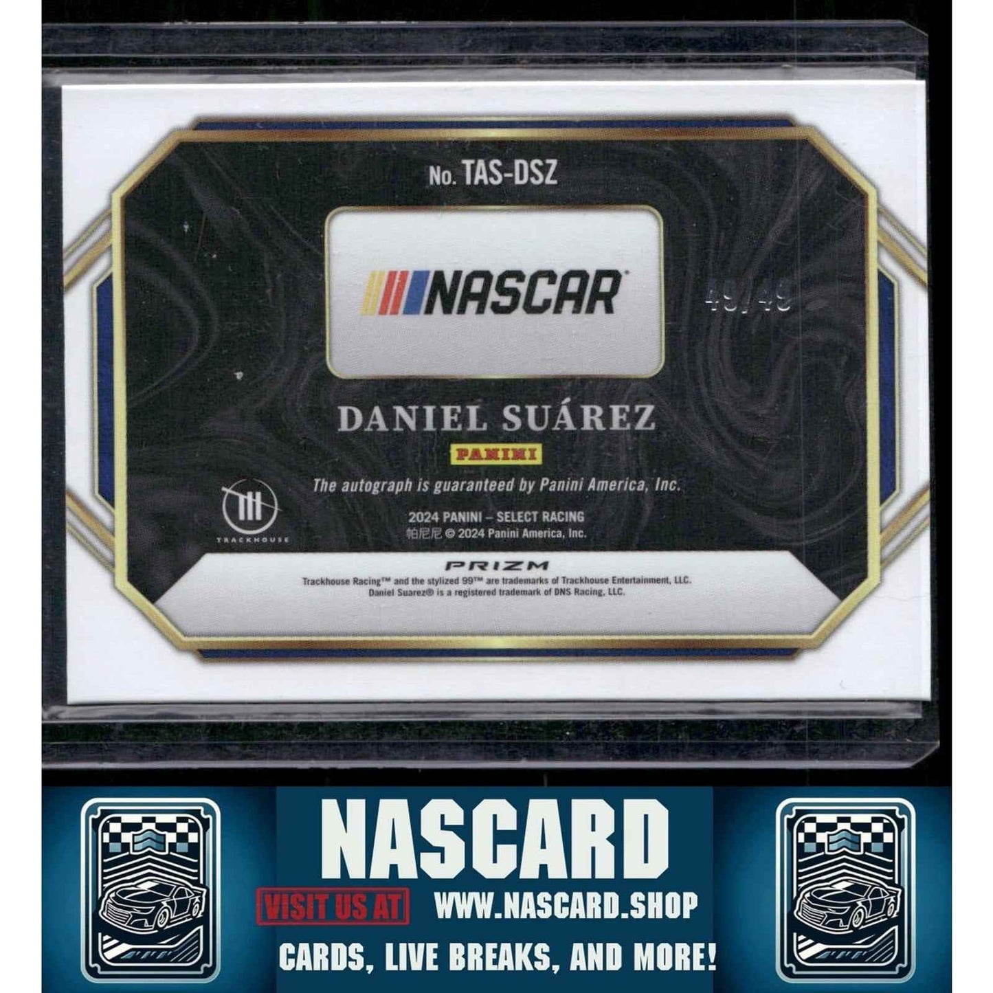 2024 Panini Select Daniel Suarez Trackside Action Signatures Purple Prizms #/49
