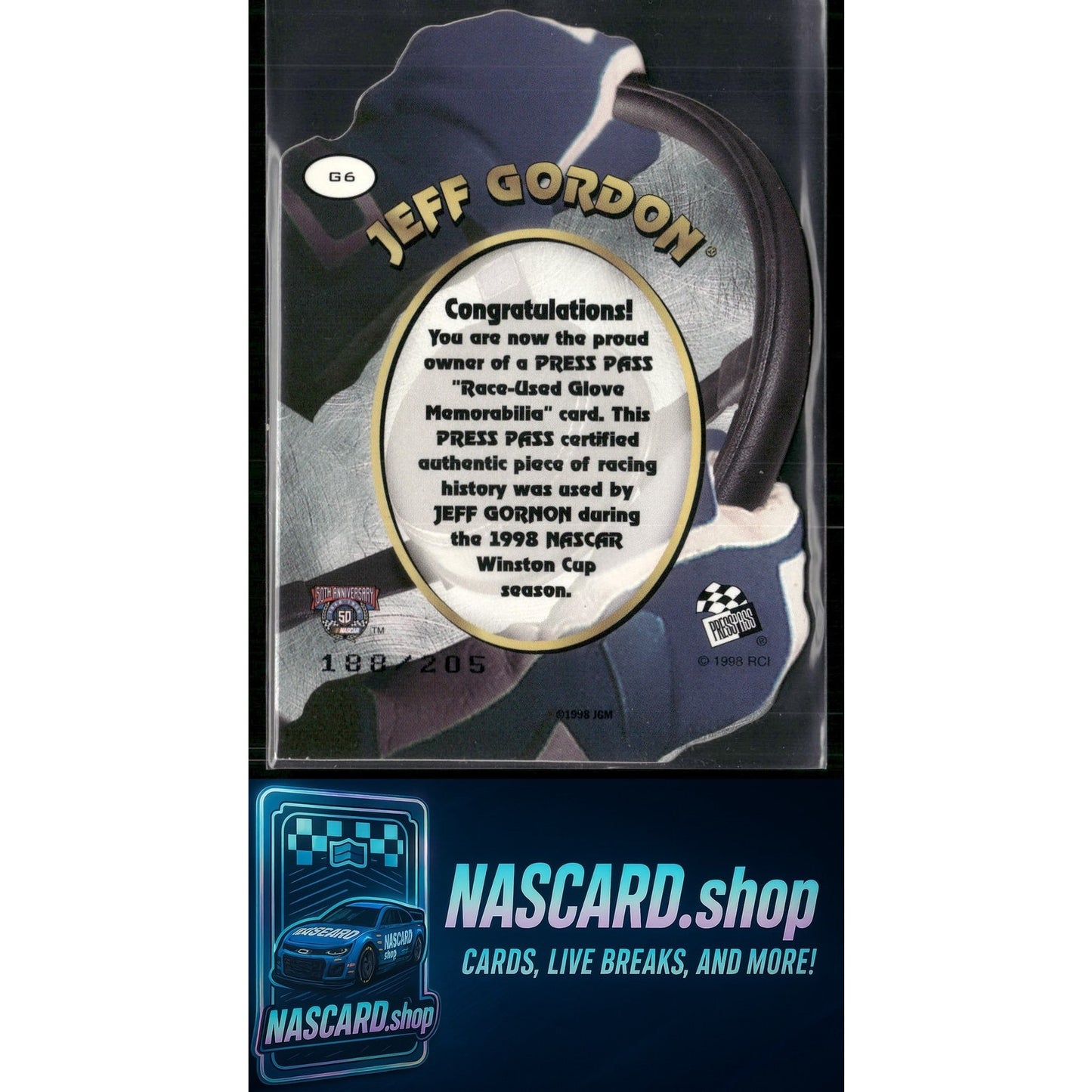 1998 Press Pass Stealth #G6 Jeff Gordon Race Used Gloves #/205 - NASCARD.shop