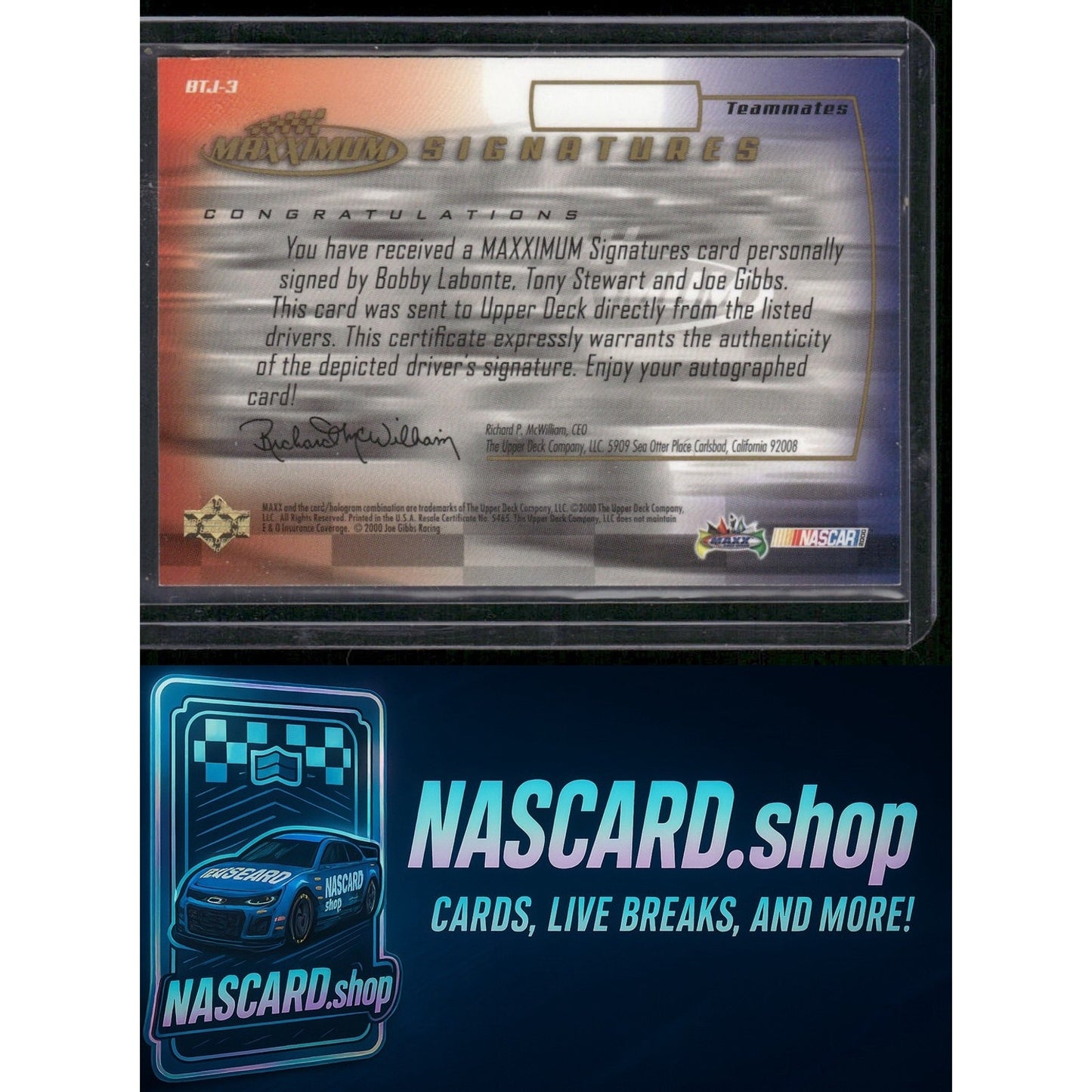 2000 Maxximum #BTJ-3 Bobby Labonte/Tony Stewart/Joe Gibbs Signatures - Card Gorilla