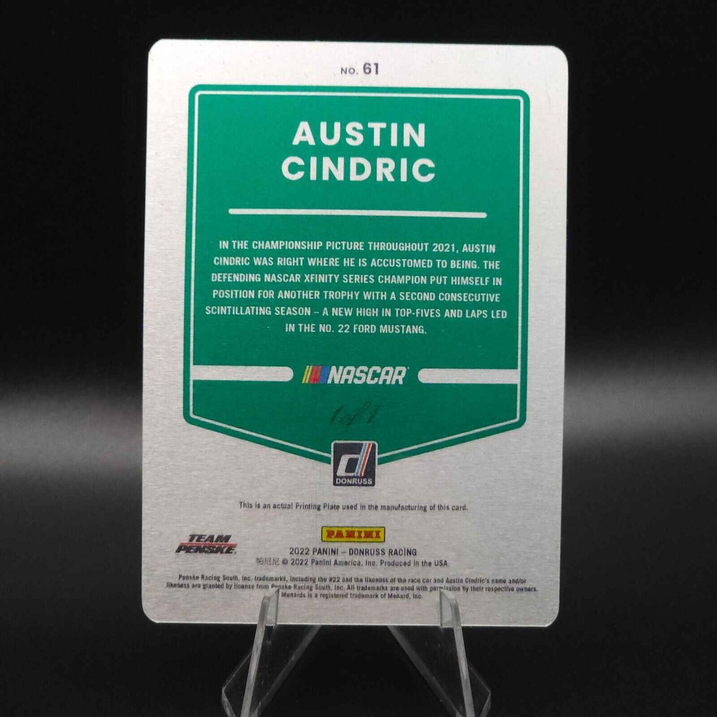 2022 Panini Donruss NASCAR - Austin Cindric #61 Printing Plate 1 /1 - NASCARD.shop