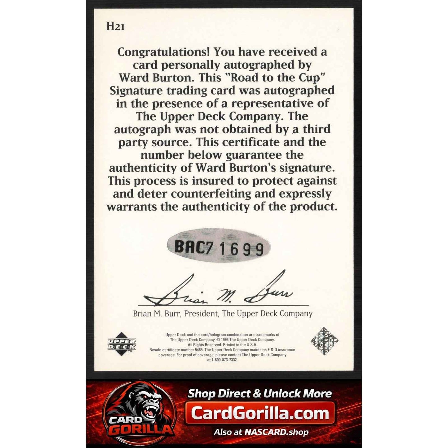 1996 Upper Deck Road to the Cup #H21 Ward Burton Autographs