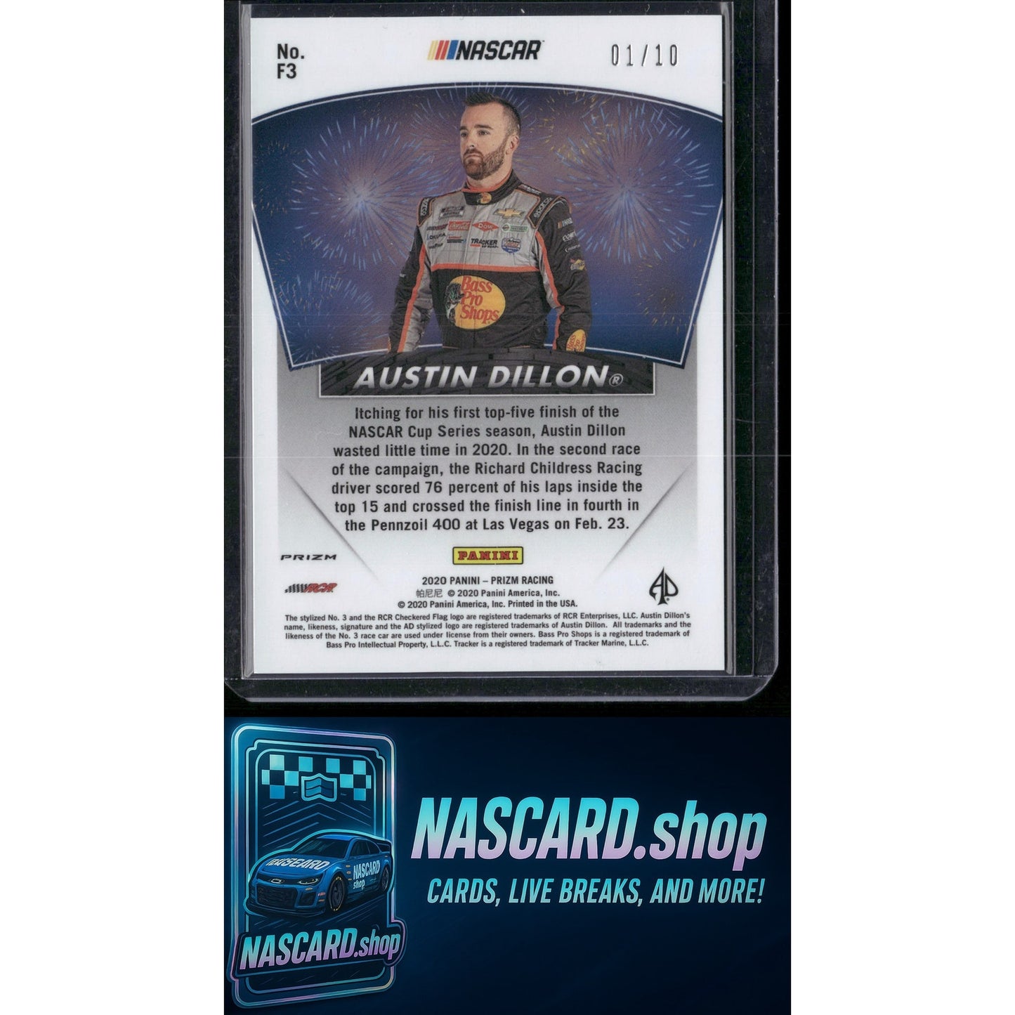 2020 Panini Prizm #F3 Austin Dillon Fireworks Gold Prizm #01/10 - Card Gorilla