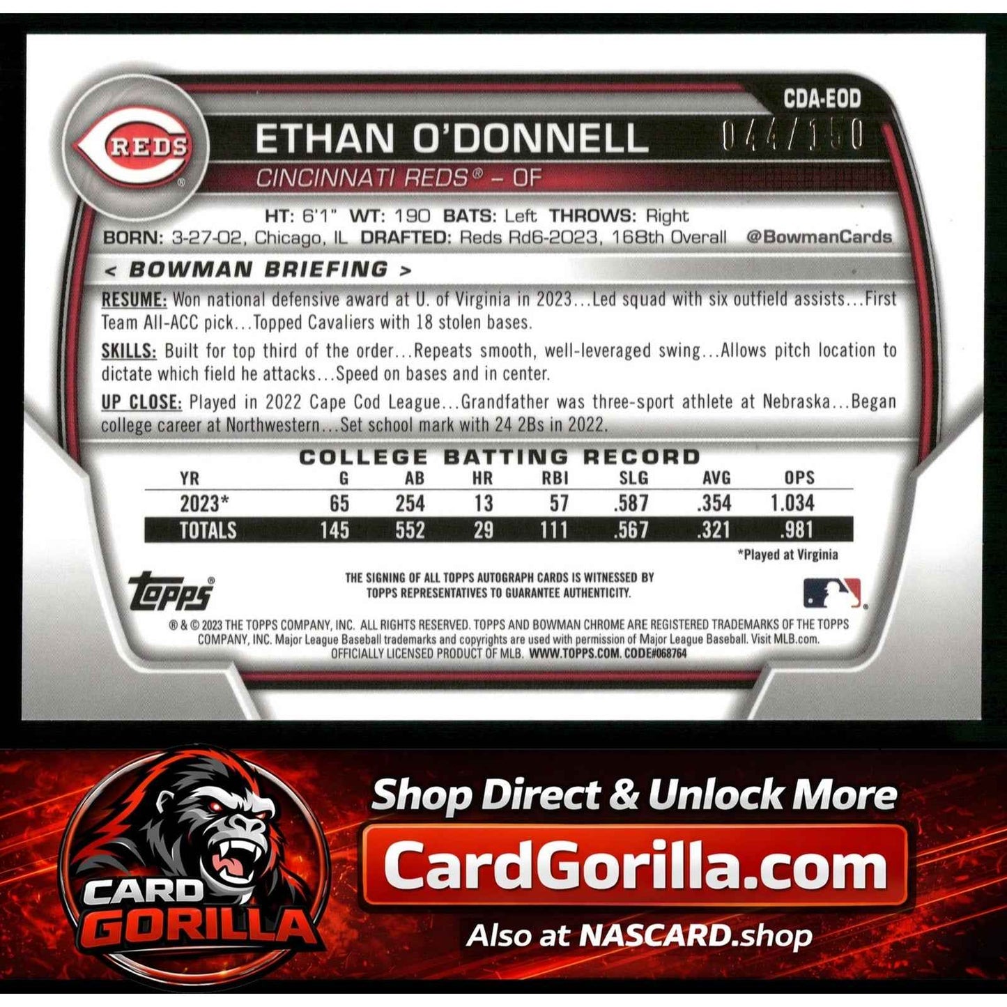 2023 Bowman Draft Ethan O'Donnell Chrome Prospect Autographs Blue Refractor /150
