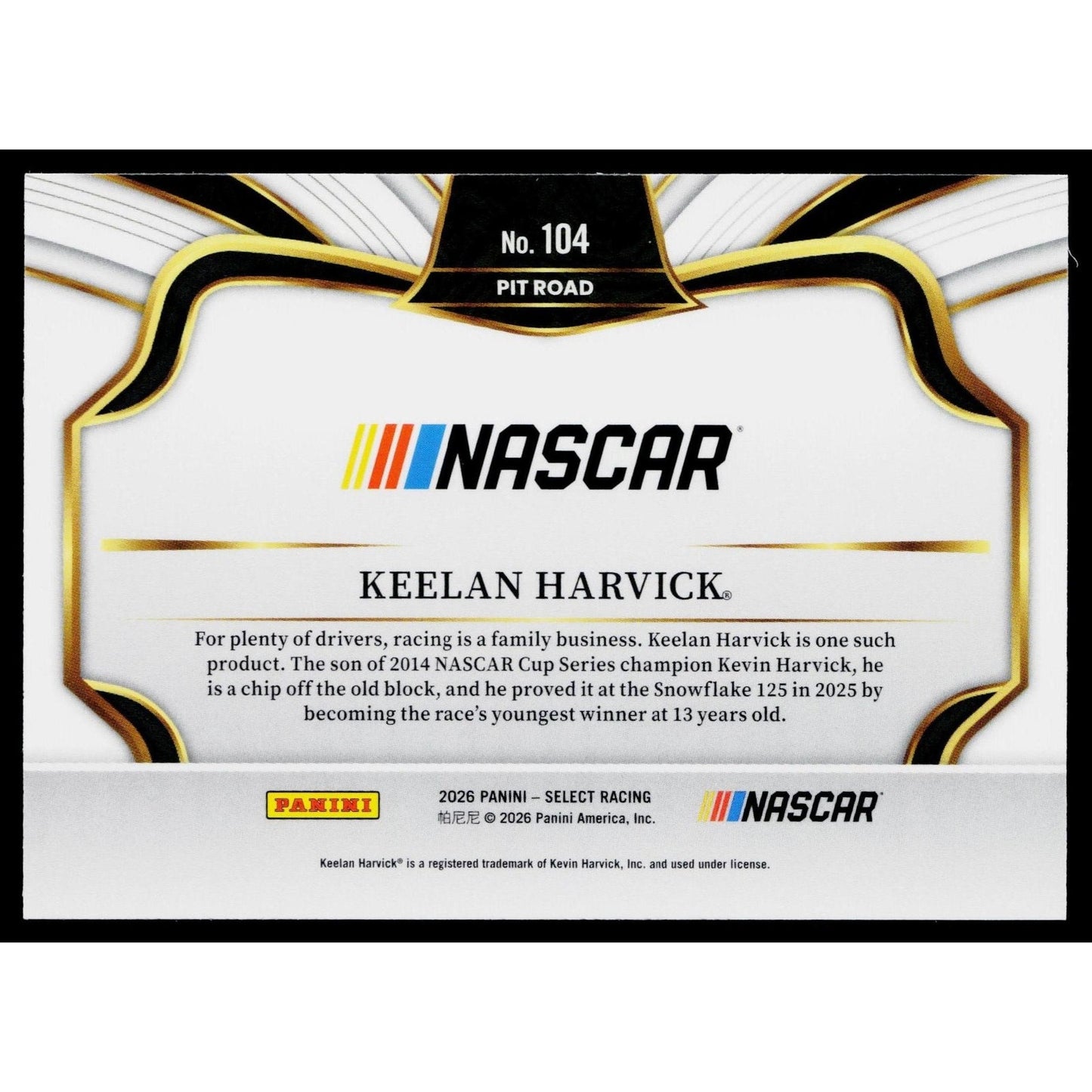 2026 Panini Select #104 Keelan Harvick RC