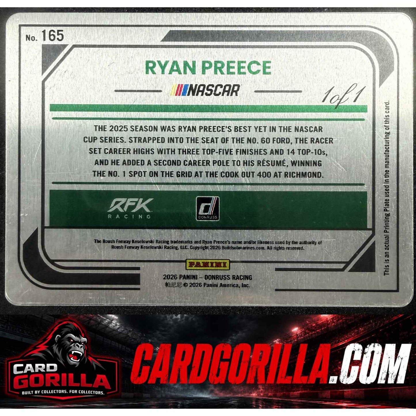 2026 Donruss #165 Ryan Preece Printing Plates Cyan #1/1