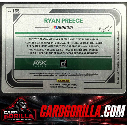 2026 Donruss #165 Ryan Preece Printing Plates Cyan #1/1