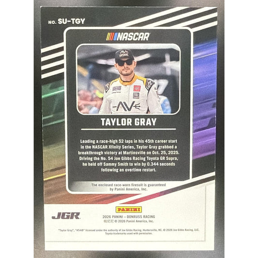 2026 Panini Donruss NASCAR Racing Taylor Gray #18 Suited Up Swatches Gold /10