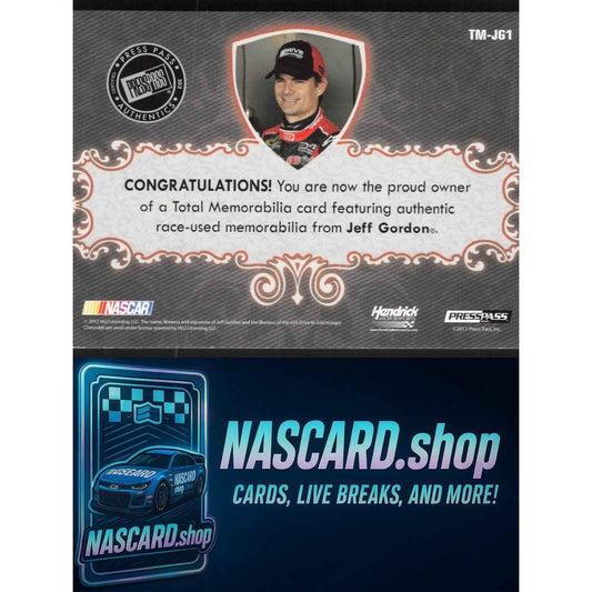 2012 Press Pass Total Memorabilia #TM-JG1 Jeff Gordon Single Swatch Silver #/199