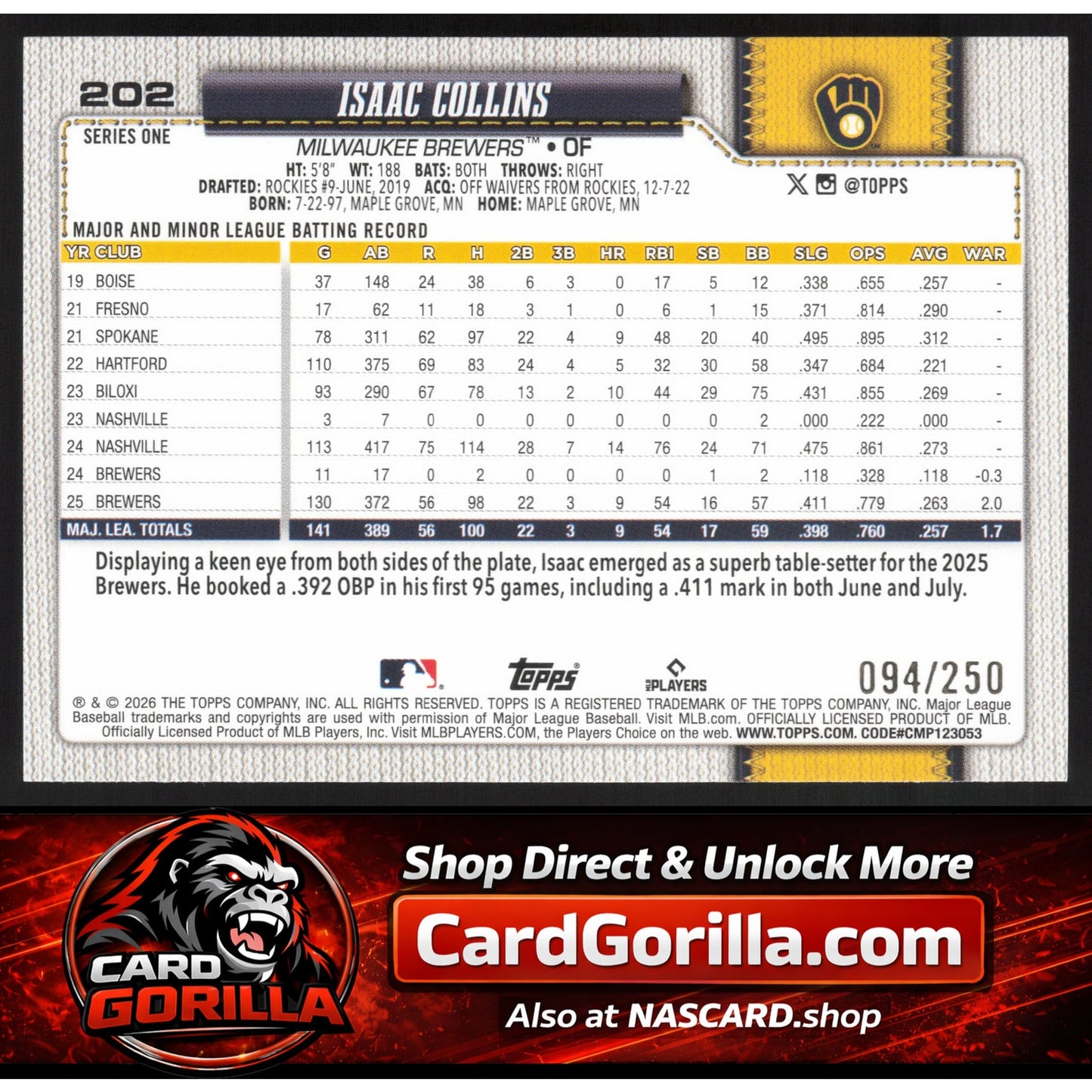 2026 Topps #202 Isaac Collins Purple Holo Foil #/250