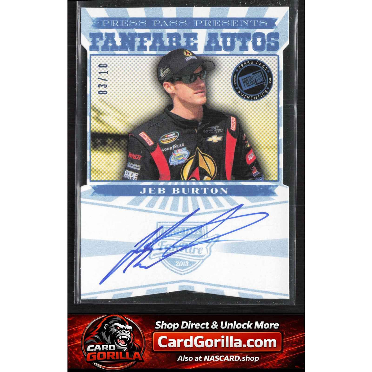 2013 Press Pass Fanfare #FFA-JB3 Jeb Burton Autographs - Blue FanFare Logo #/10