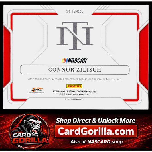 2025 Panini National Treasures #TG-CZC Connor Zilisch Track Gear Blue #/75