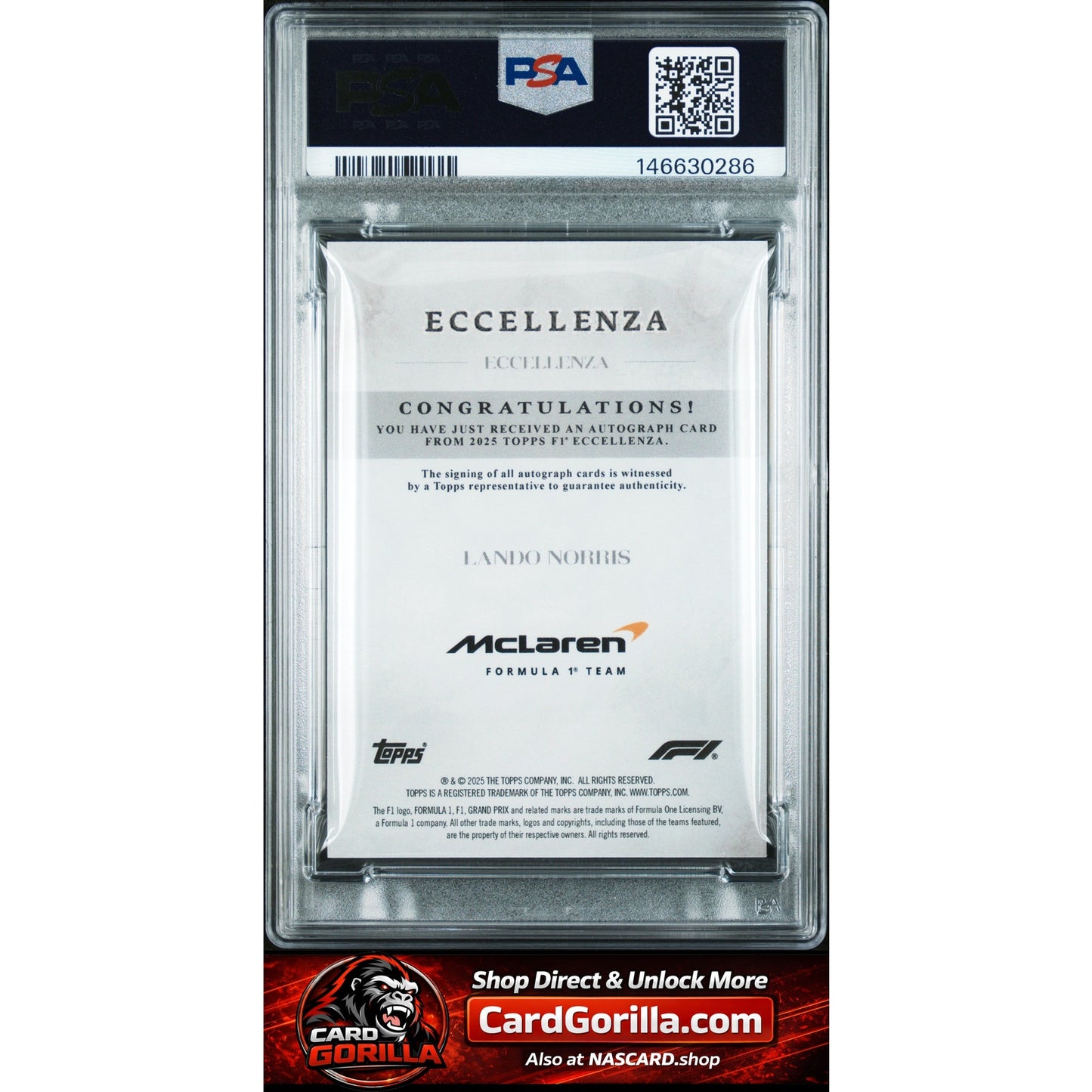 2025 Topps Eccellenza Formula 1 Lando Norris Auto Black #01/10 PSA 10 POP 1