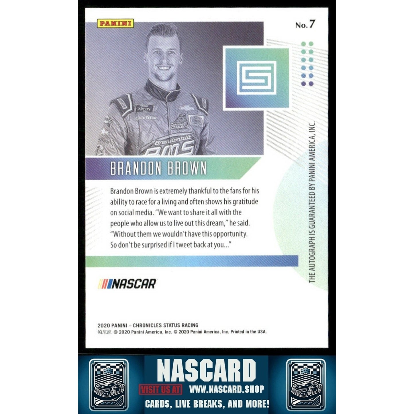 2020 Panini Chronicles - Status Brandon Brown #7 Autographs /300 (AU, RC) - NASCARD.shop