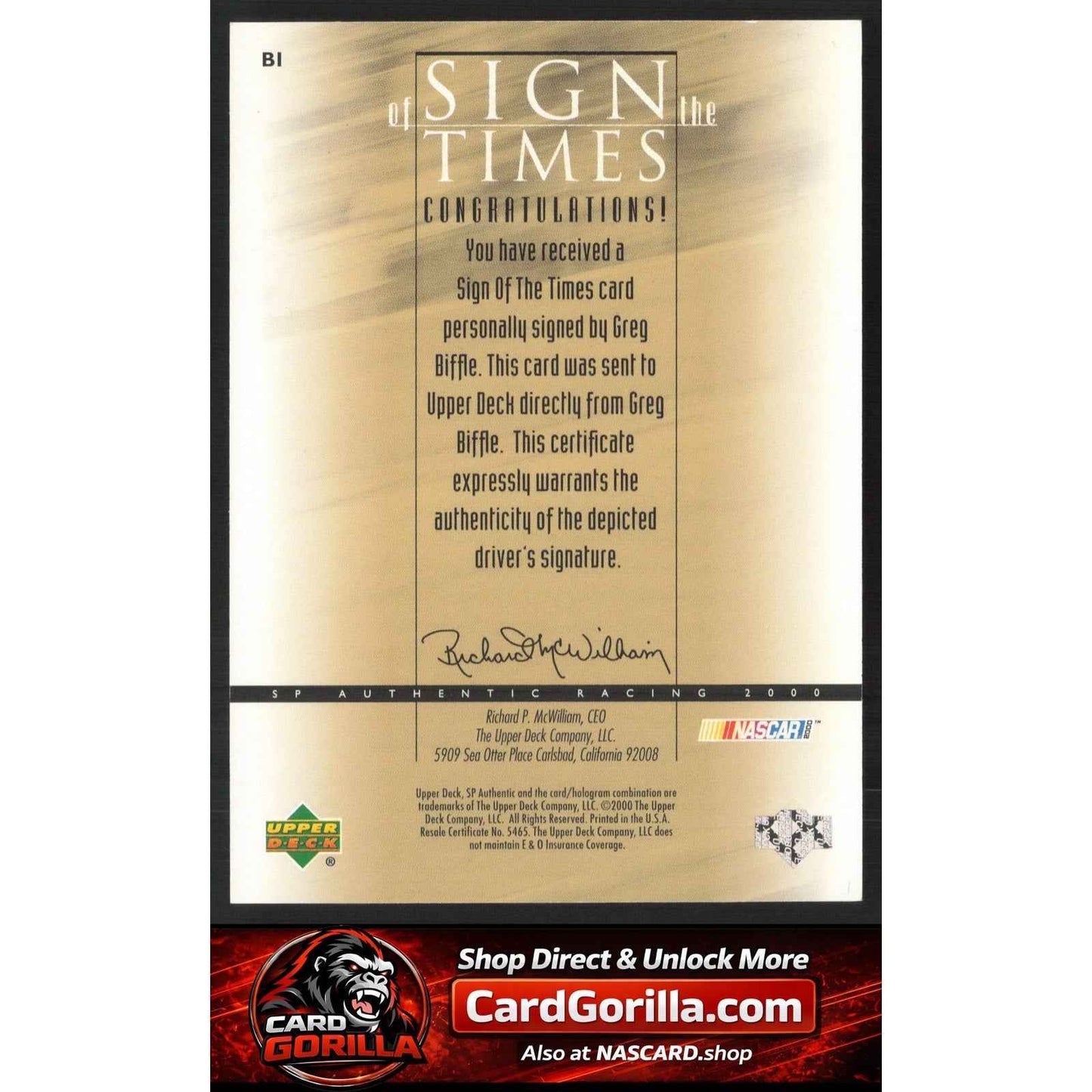 2000 SP Authentic #BI Greg Biffle Sign of the Times Rookie On Card Auto