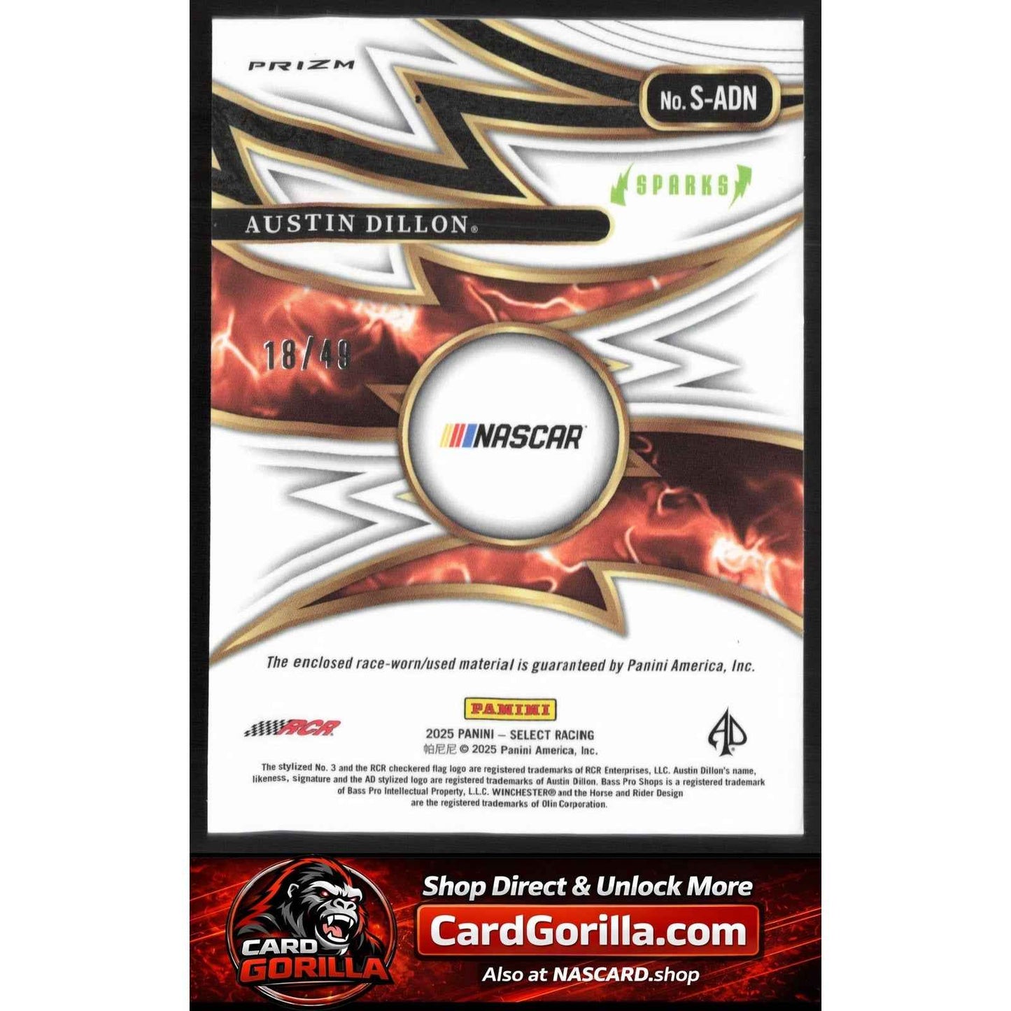 2025 Panini Select #S-ADN Austin Dillon Sparks Red Prizms #/49