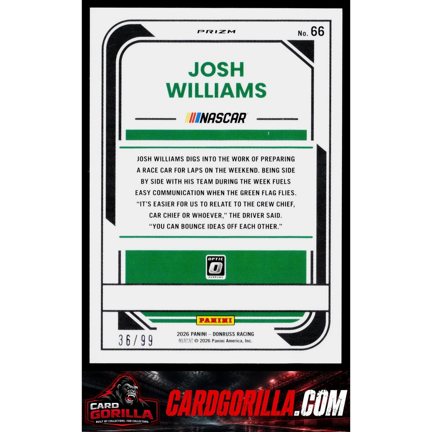 2026 Donruss #66 Josh Williams Optic Green Velocity #/99