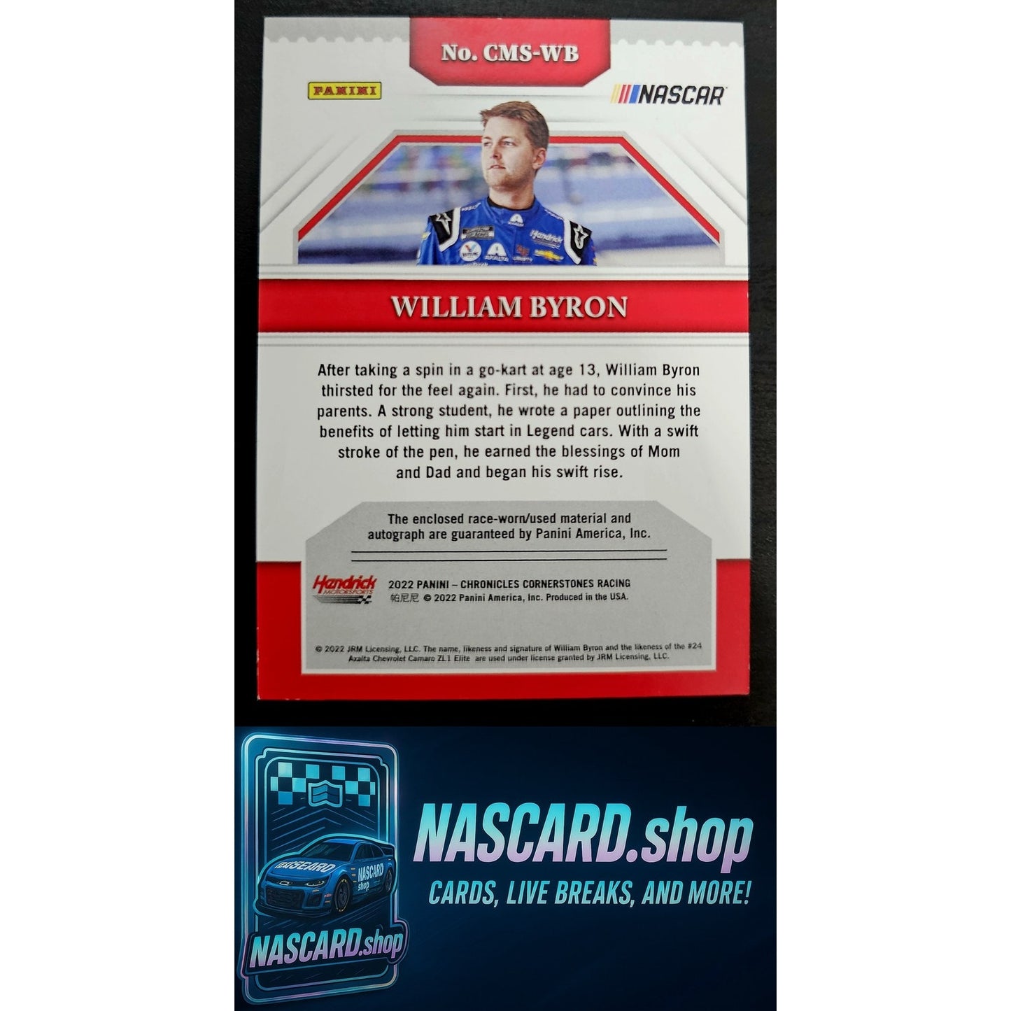 2022 Chronicles William Byron Cornerstones Materials Auto Platinum Blue #1/1 - Card Gorilla