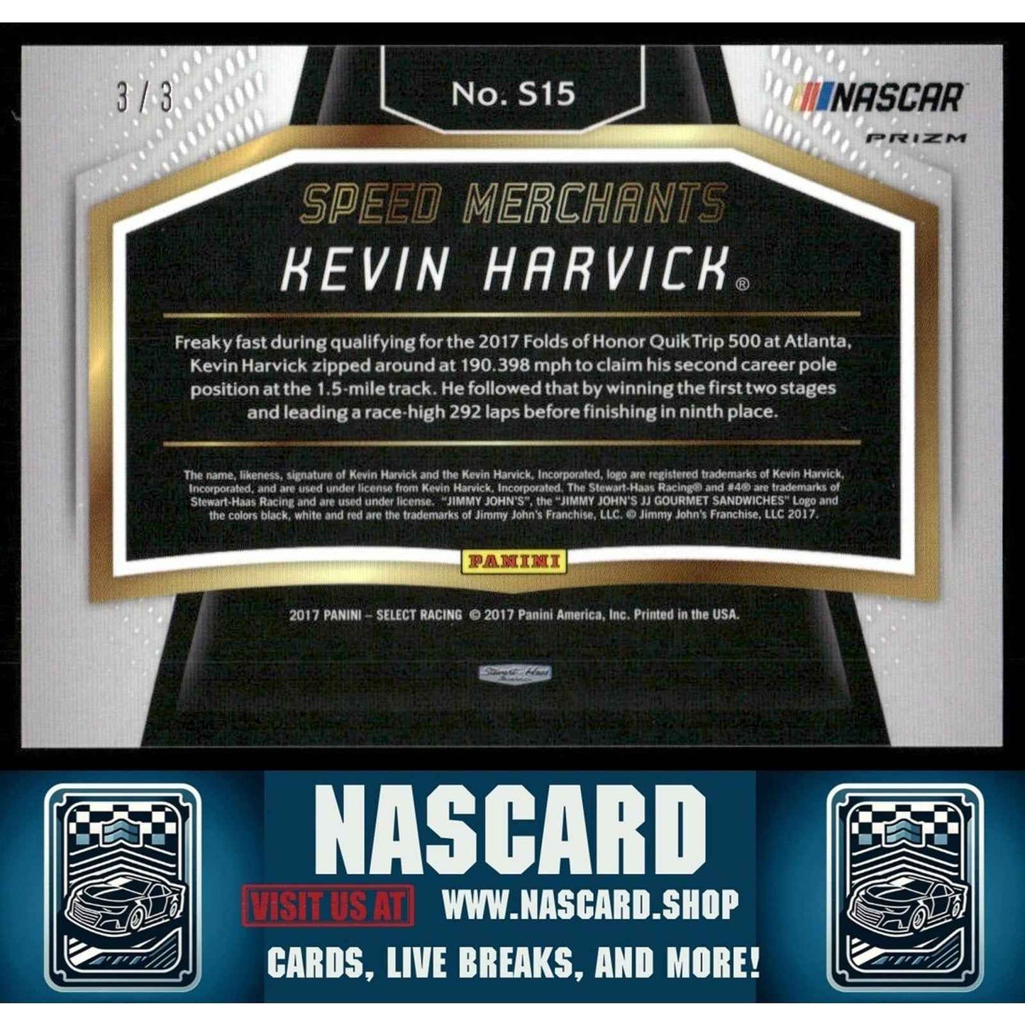 2017 Panini Select - Speed Merchants Black Prizm Kevin Harvick #S15 3/3