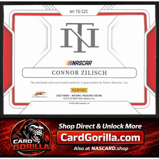 2025 Panini National Treasures #TG-CZC Connor Zilisch Track Gear Holo Gold #/10