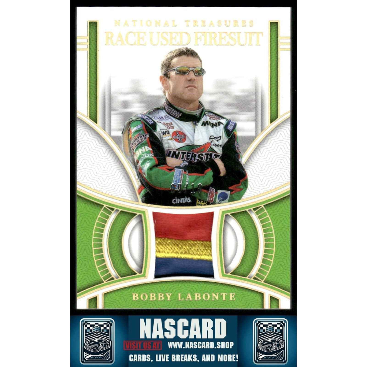 2024 Panini National Treasures Bobby Labonte Race Used Firesuit Holo Gold #/10