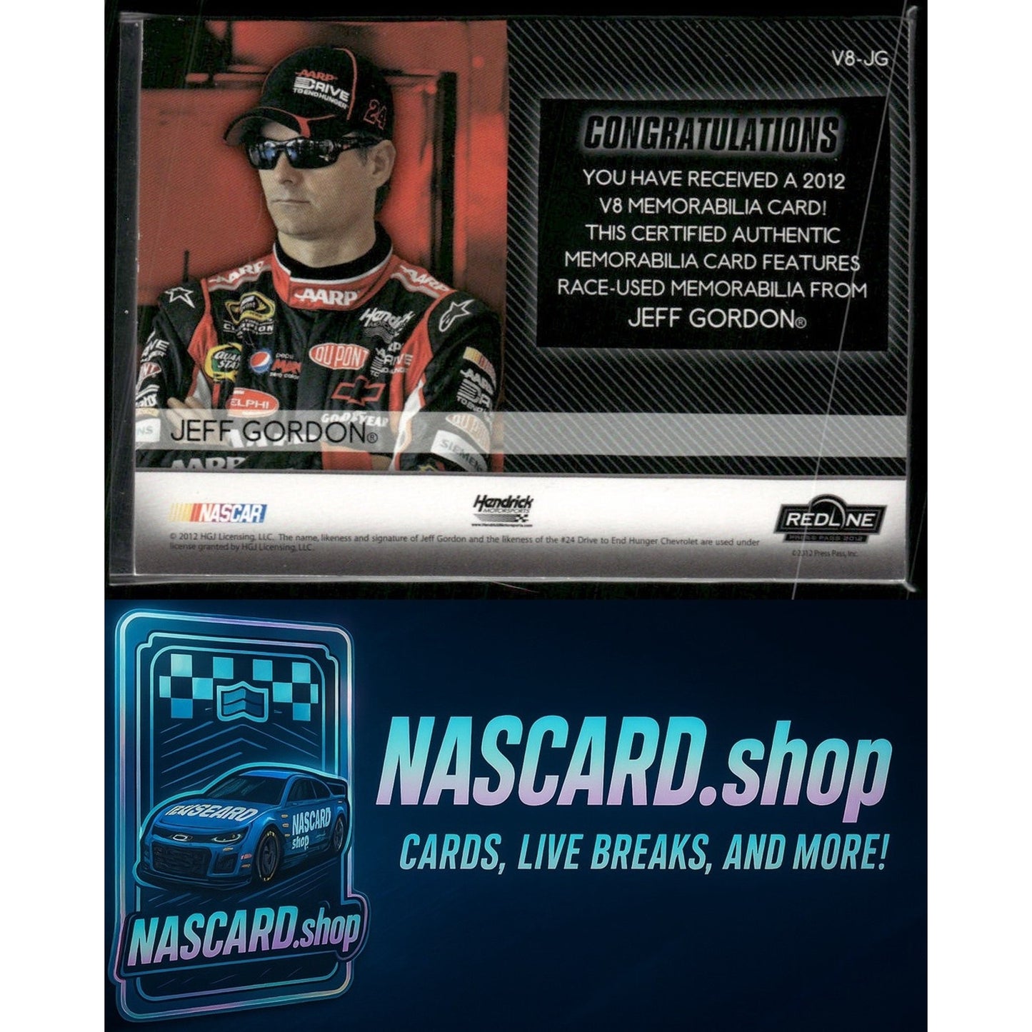 2013 Press Pass Redline #V8-JG Jeff Gordon V8 Relics Gold #/10 - Card Gorilla
