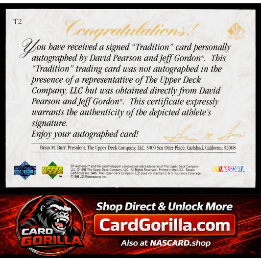 1998 SP Authentic #T2 David Pearson Jeff Gordon Tradition Dual Autograph