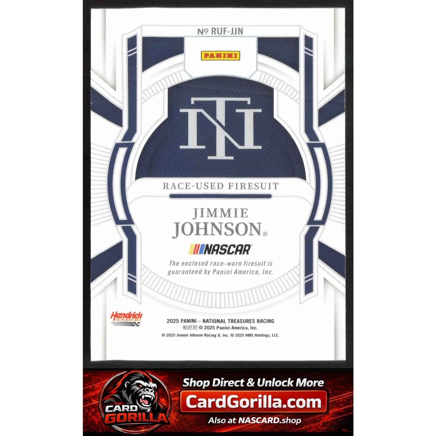 2025 Panini National Treasures #RUF-JJN Jimmie Johnson Race Used Firesuit #/99
