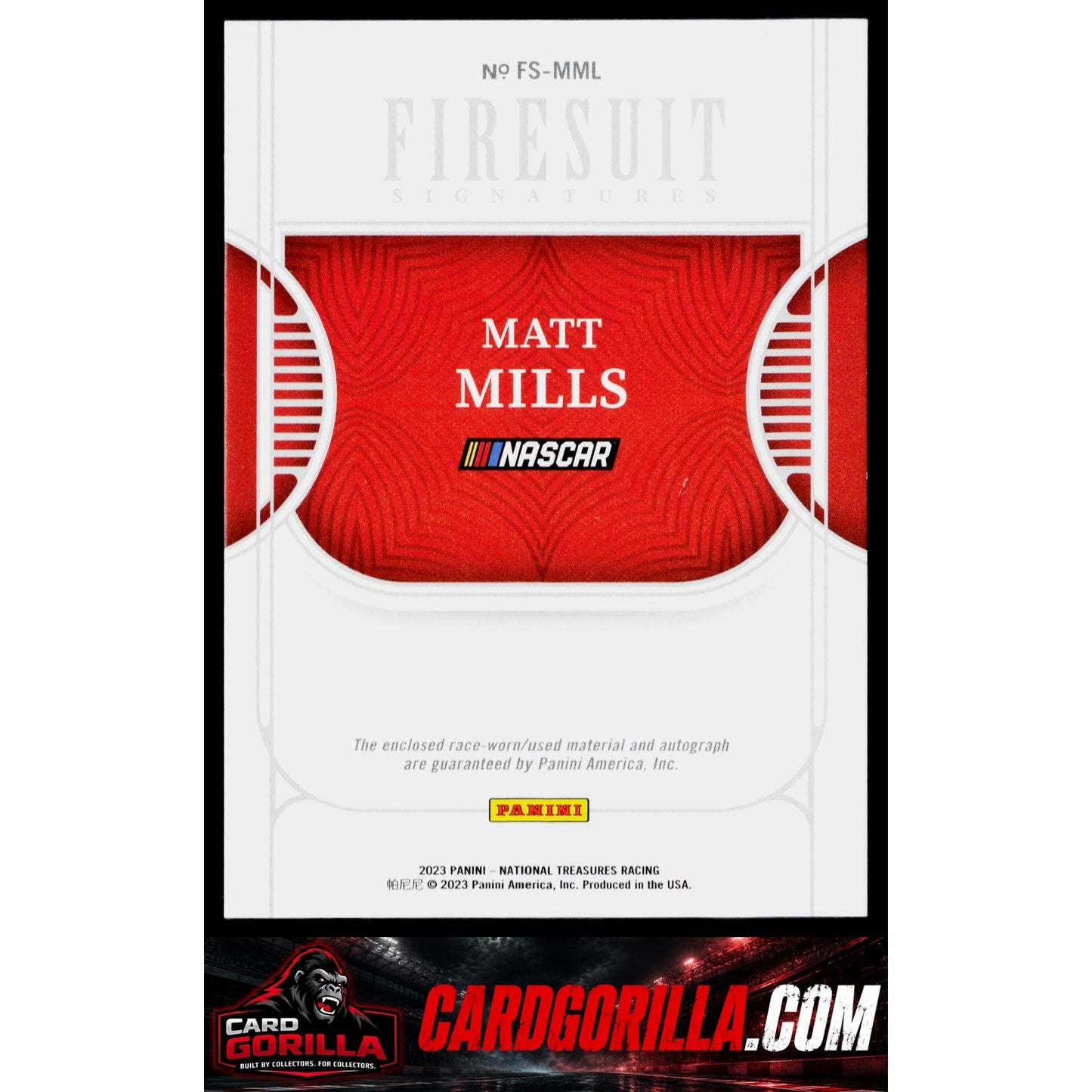 2023 Panini National Treasures #FS-MML Matt Mills Firesuit Signatures #/99