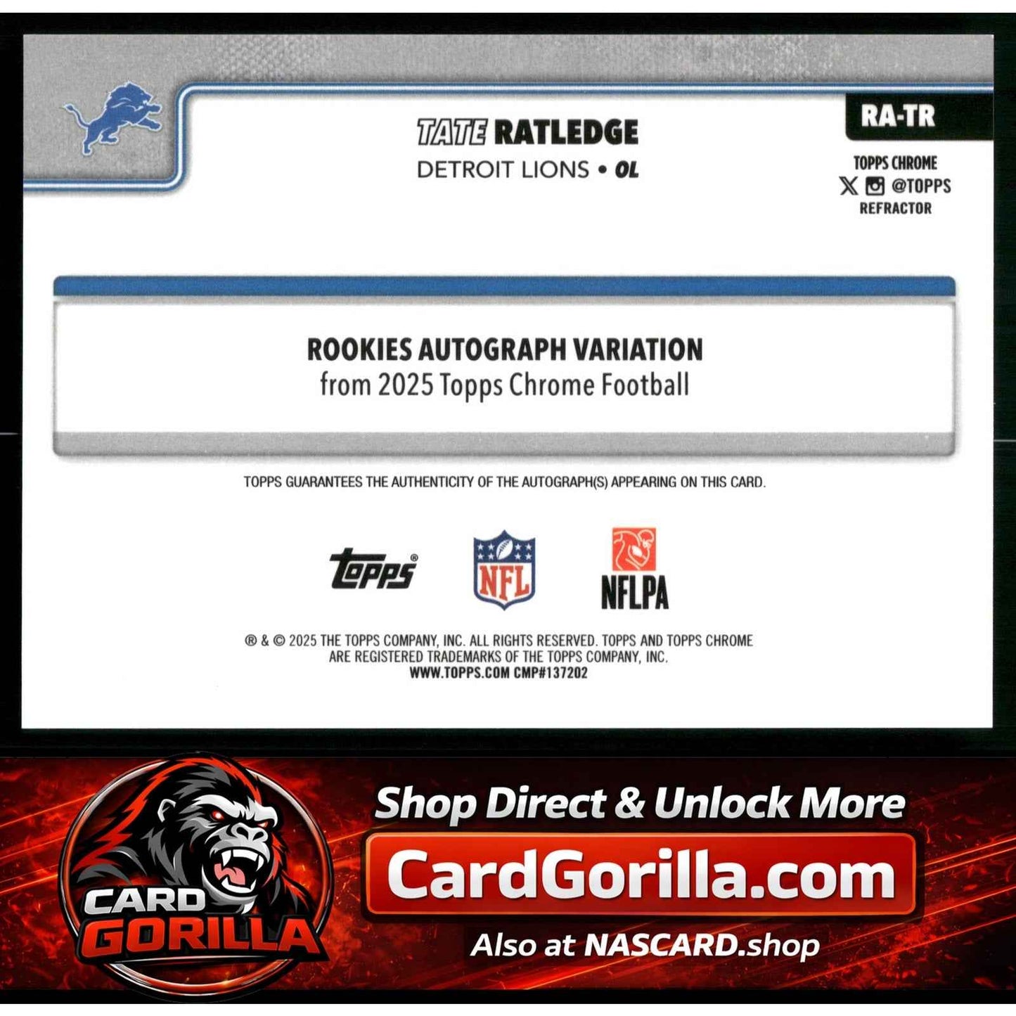 2025 Topps Chrome #RA-TR Tate Ratledge Chrome Rookie Autographs Refractor #/499