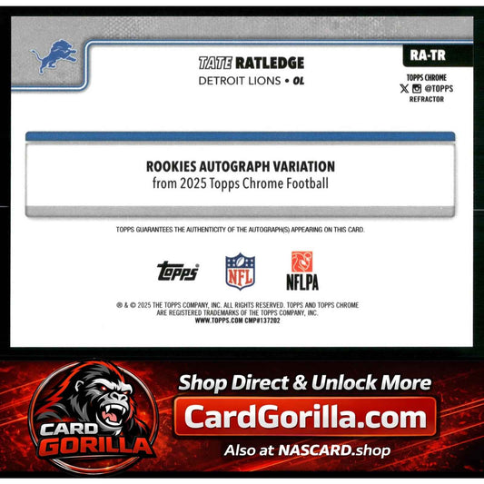 2025 Topps Chrome #RA-TR Tate Ratledge Chrome Rookie Autographs Refractor #/499
