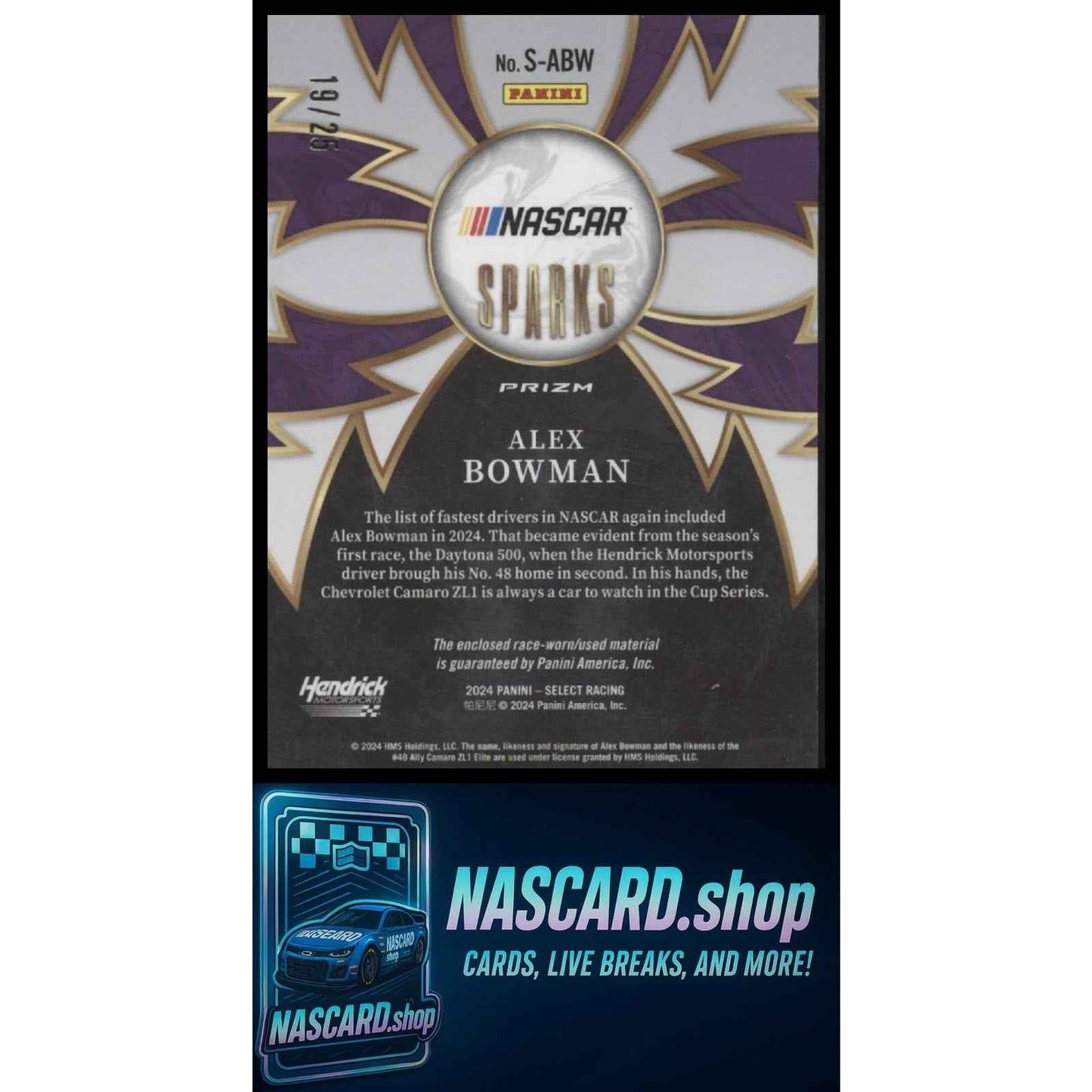 2024 Panini Select #S-ABW Alex Bowman Sparks Tie-Dye Prizms #/25